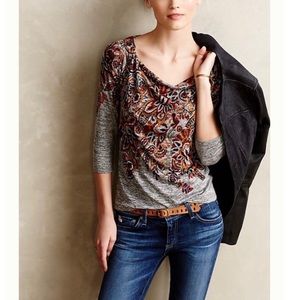 Anthropologie Postmark Jacaranda Floral Cowl Neck 3/4 Sleeve Top Sz Small